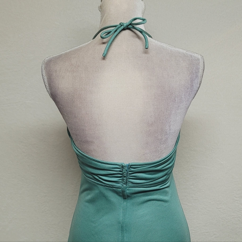 Infinity Vintage 60s Seafoam Green Stretchy Fabric Low Back Halter Maxi Dress - Picture 8 of 11